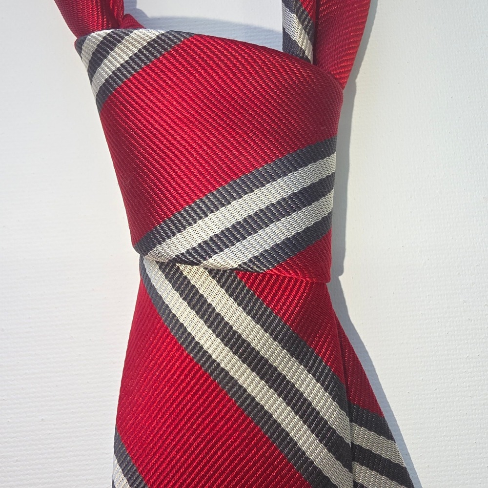 Jos A Bank Mens Silk Necktie Red Grey White Diagonal Stripe Classic Formal Tie